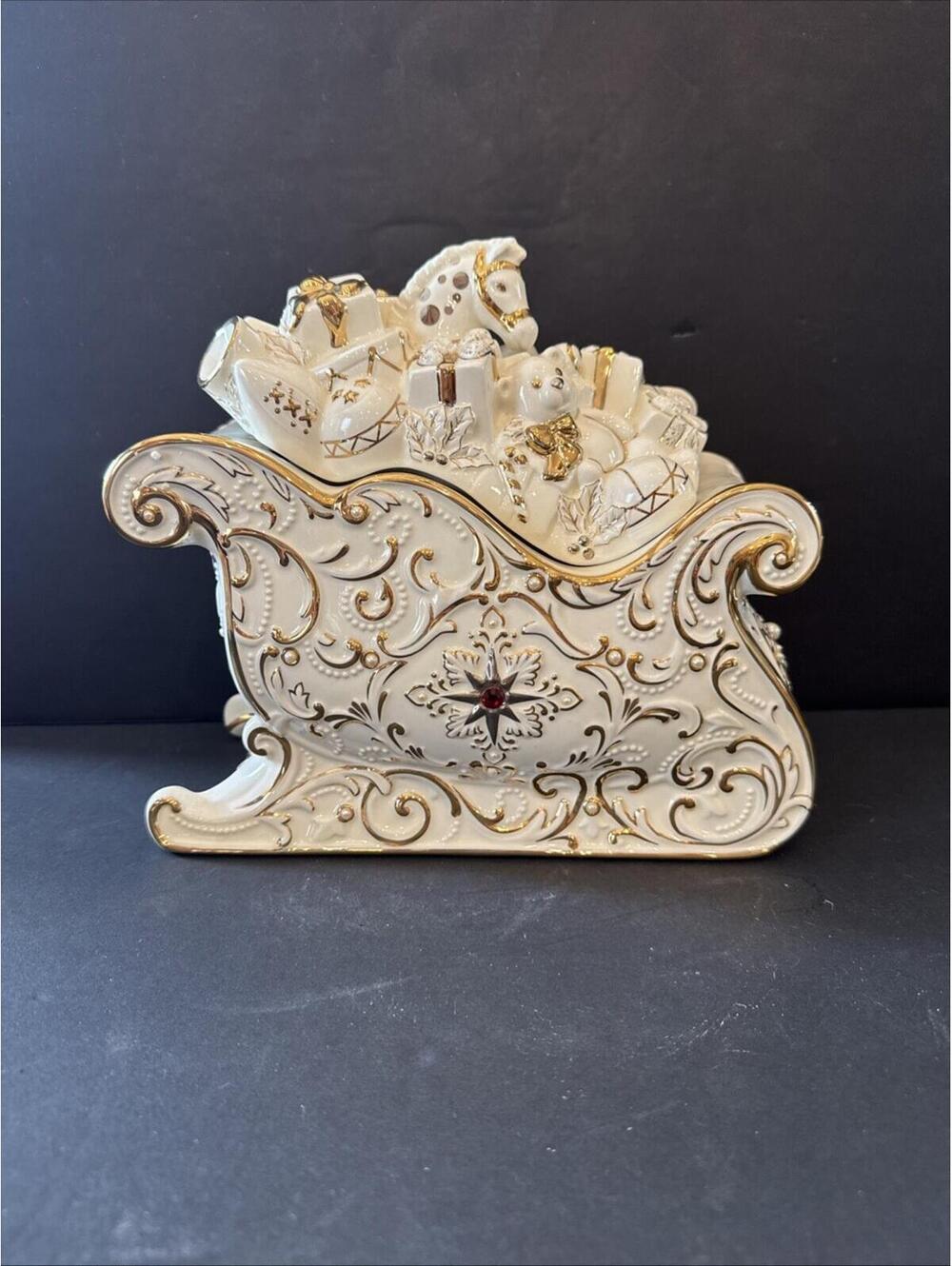 Vintage Lenox Florentine & Pearl Jeweled Sleigh Cookie Candy Jar 10” W By 9” H